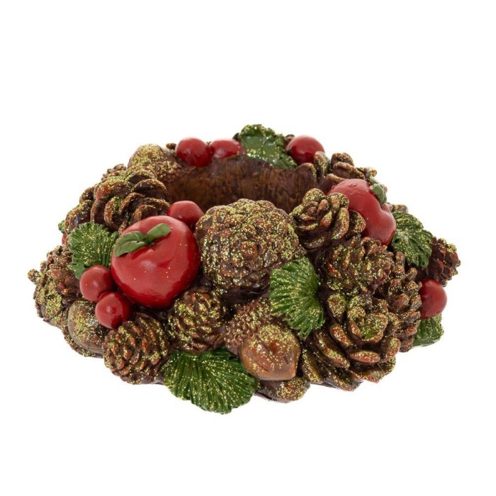 PORTACANDELE IN POLIRESINA CON PINOLI E MELE 15X14X6CM